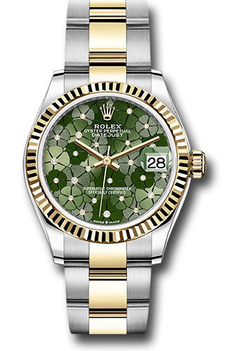 Rolex Steel & Yellow Gold Datejust 31 Olive Green Floral Motif Diamond Oyster