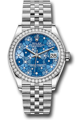 Rolex Steel & White Gold Datejust 31 Azzurro Blue Floral Motif Diamond Jubilee Diamond Bezel