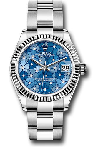 Rolex Steel & White Gold Datejust 31 Azzurro Blue Floral Motif Diamond Oyster