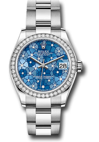 Rolex Steel & White Gold Datejust 31 Azzurro Blue Floral Motif Diamond Oyster Diamond Bezel