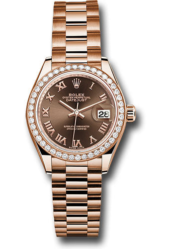 Rolex Everose Gold Datejust 28 Chocolate Roman President Diamond Bezel