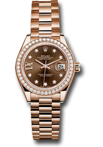 Rolex Everose Gold Datejust 28 Chocolate Star Diamond President Diamond Bezel