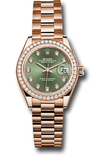 Rolex Everose Gold Datejust 28 Olive Green Diamond President Diamond Bezel