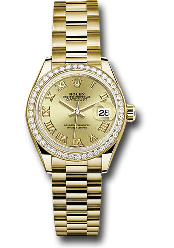 Rolex Yellow Gold Datejust 28 Champagne Roman President Diamond Bezel