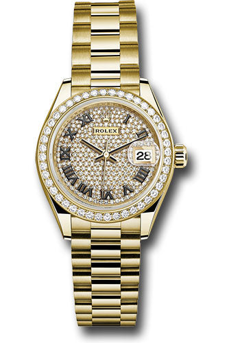 Rolex Yellow Gold Datejust 28 Pave Diamond President Diamond Bezel