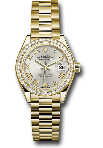 Rolex Yellow Gold Datejust 28 Silver Roman President Diamond Bezel