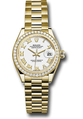 Rolex Yellow Gold Datejust 28 White Roman President Diamond Bezel
