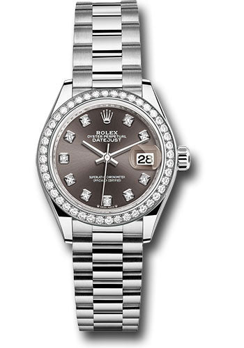 Rolex White Gold Datejust 28 Dark Grey Diamond President Diamond Bezel