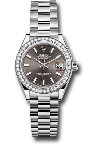 Rolex White Gold Datejust 28 Dark Grey Index President Diamond Bezel