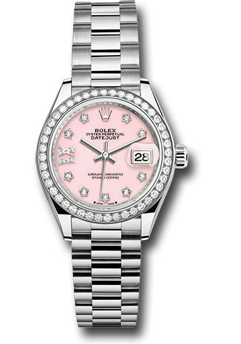 Rolex White Gold Datejust 28 Pink Opal Diamond President Diamond Bezel