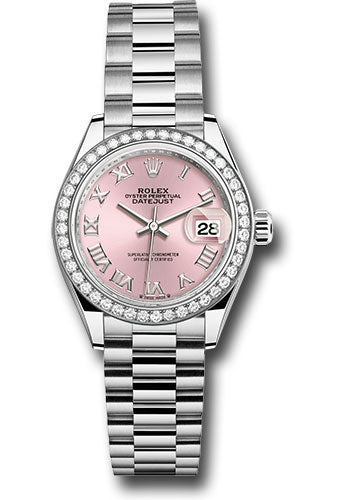 Rolex White Gold Datejust 28 Pink Roman President Diamond Bezel