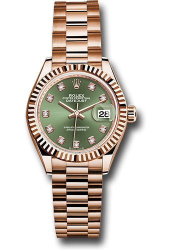 Rolex Everose Gold Datejust 28 Olive Green Diamond President