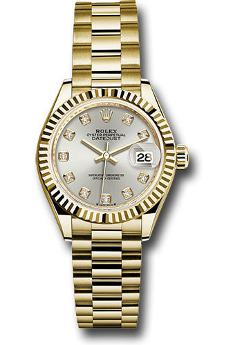 Rolex Yellow Gold Datejust 28 Silver Diamond President